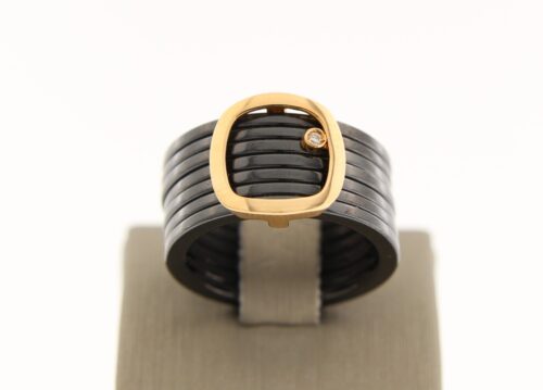 Ring van zwart keramiek, rose goud en diamant, groot, mt 18