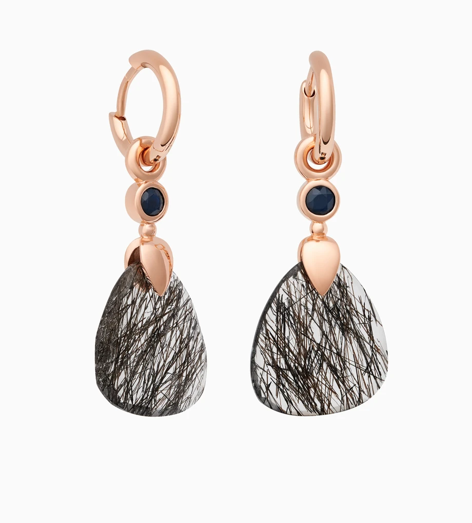 8OR4854ZKQBB Bron Catch 18 Karaat Rosegouden Oorsieraden met Briolet geslepen Zwart Rutielkwarts Zwart Saffier