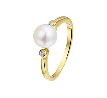 geelgouden ring met parel en diamant