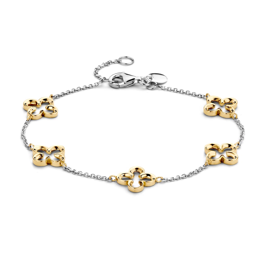 14 karaat witgouden armband met geelgouden bloemen