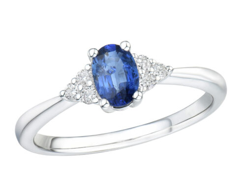 14 karaat witgouden ring met diamant en blauw saffier