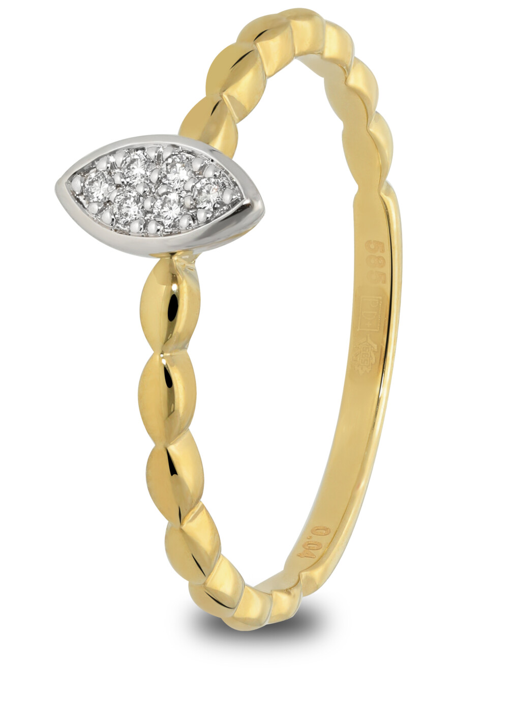 14 karaat geelgouden ring met diamant en bewerkte band