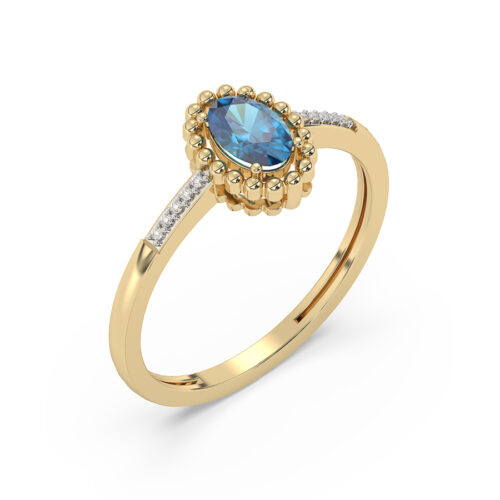 14 karaat geelgouden ring rond met london blue topaas en diamant