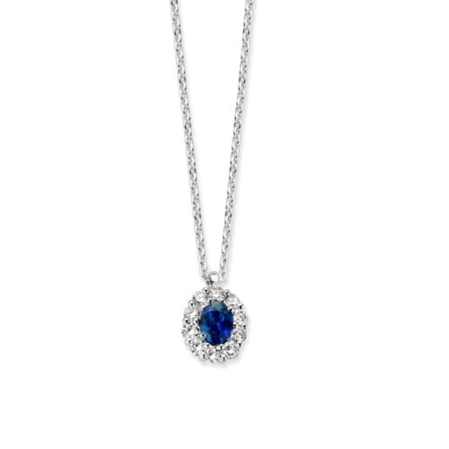 14 karaat witgouden collier met blauw saffier en diamant