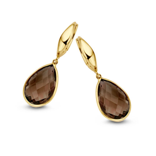 14 karaat geelgouden oorhangers met rookkwarts