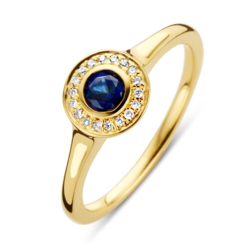 14 karaat geelgouden ring met blauw saffier en diamant